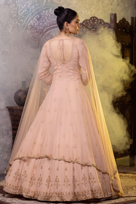 Shop Raj Arora Peach Georgette Embroidery, Sequins, Cut Work Cutdana And Anarkali With Dupatta at Aza Fashions Shop_Raj Arora_Peach Georgette Embroidery, Sequins, Cut Work Cutdana And Anarkali With Dupatta _at_Aza_Fashions