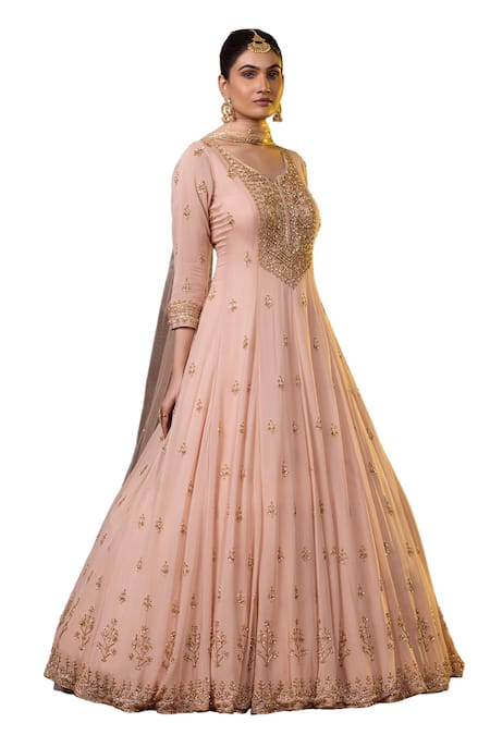 Buy Raj Arora Peach Georgette Embroidery, Sequins, Cut Work Cutdana And Anarkali With Dupatta Online at Aza Fashions Buy_Raj Arora_Peach Georgette Embroidery, Sequins, Cut Work Cutdana And Anarkali With Dupatta _Online_at_Aza_Fashions