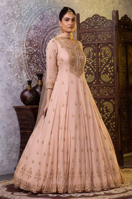 Shop Raj Arora Peach Georgette Embroidery, Sequins, Cut Work Cutdana And Anarkali With Dupatta Online at Aza Fashions Shop_Raj Arora_Peach Georgette Embroidery, Sequins, Cut Work Cutdana And Anarkali With Dupatta _Online_at_Aza_Fashions