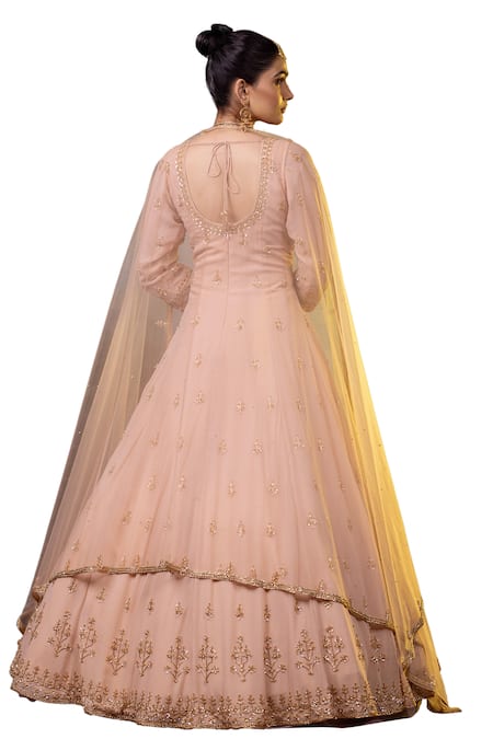 Buy Raj Arora Peach Georgette Embroidery, Sequins, Cut Work Cutdana And Anarkali With Dupatta Buy_Raj Arora_Peach Georgette Embroidery, Sequins, Cut Work Cutdana And Anarkali With Dupatta