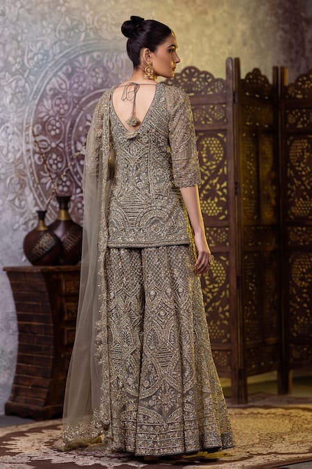 Shop_Raj Arora_Green Net Embroidery, Zari Sweetheart Neck Short Kurta Sharara Set _at_Aza_Fashions