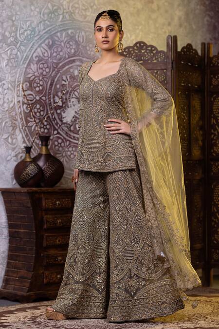 Raj Arora_Green Net Embroidery, Zari Sweetheart Neck Short Kurta Sharara Set _Online_at_Aza_Fashions
