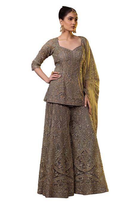 Buy_Raj Arora_Green Net Embroidery, Zari Sweetheart Neck Short Kurta Sharara Set _Online_at_Aza_Fashions