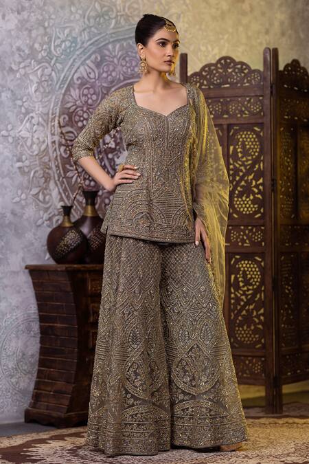 Shop_Raj Arora_Green Net Embroidery, Zari Sweetheart Neck Short Kurta Sharara Set _Online_at_Aza_Fashions