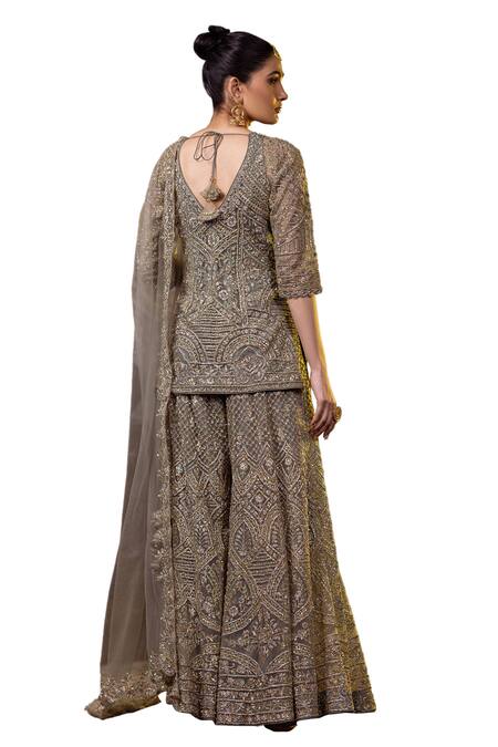 Buy_Raj Arora_Green Net Embroidery, Zari Sweetheart Neck Short Kurta Sharara Set 