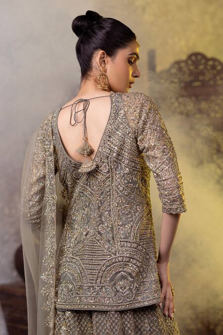 Shop_Raj Arora_Green Net Embroidery, Zari Sweetheart Neck Short Kurta Sharara Set 