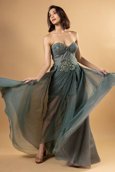 Raj Arora Green Net Embroidered Crystals Sweetheart Sophie Dress With Detachable Bustle Online at Aza Fashions Raj Arora_Green Net Embroidered Crystals Sweetheart Sophie Dress With Detachable Bustle _Online_at_Aza_Fashions