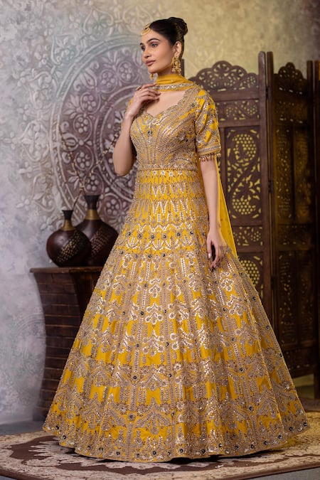 Buy Raj Arora Yellow Net, Taffeta Gota Patti, Sequins, Embroidered Anarkali With Dupatta Online at Aza Fashions Buy_Raj Arora_Yellow Net, Taffeta Gota Patti, Sequins, Embroidered Anarkali With Dupatta _Online_at_Aza_Fashions