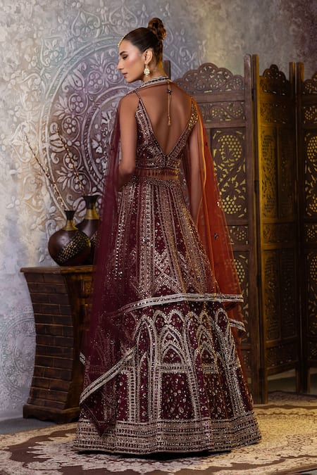 Shop Raj Arora Wine Net, Taffeta Sequins, Zari, Mirrors Resham Embroidered Bridal Lehenga Set at Aza Fashions Shop_Raj Arora_Wine Net, Taffeta Sequins, Zari, Mirrors Resham Embroidered Bridal Lehenga Set _at_Aza_Fashions