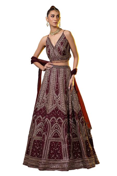 Raj Arora Wine Net, Taffeta Sequins, Zari, Mirrors Resham Embroidered Bridal Lehenga Set Online at Aza Fashions Raj Arora_Wine Net, Taffeta Sequins, Zari, Mirrors Resham Embroidered Bridal Lehenga Set _Online_at_Aza_Fashions