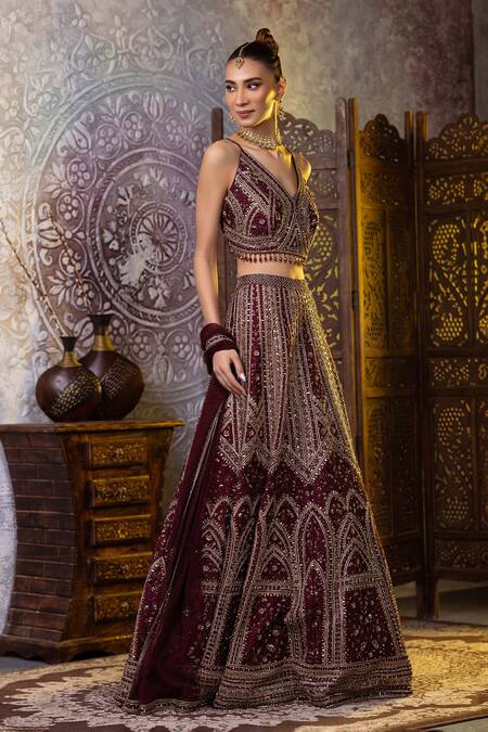 Buy Raj Arora Wine Net, Taffeta Sequins, Zari, Mirrors Resham Embroidered Bridal Lehenga Set Online at Aza Fashions Buy_Raj Arora_Wine Net, Taffeta Sequins, Zari, Mirrors Resham Embroidered Bridal Lehenga Set _Online_at_Aza_Fashions