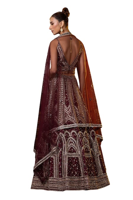 Raj Arora Wine Net, Taffeta Sequins, Zari, Mirrors Resham Embroidered Bridal Lehenga Set at Aza Fashions Raj Arora_Wine Net, Taffeta Sequins, Zari, Mirrors Resham Embroidered Bridal Lehenga Set _at_Aza_Fashions