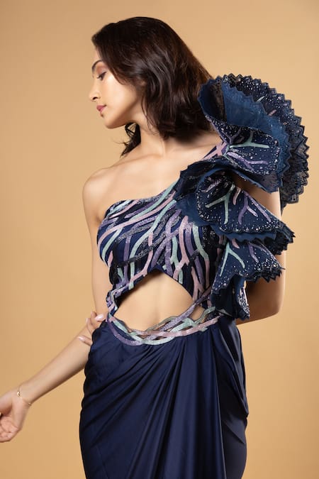 Shop Raj Arora Blue Armani Satin Embroidered Cutdana One Shoulder Angeline Draped Dress at Aza Fashions Shop_Raj Arora_Blue Armani Satin Embroidered Cutdana One Shoulder Angeline Draped Dress _at_Aza_Fashions