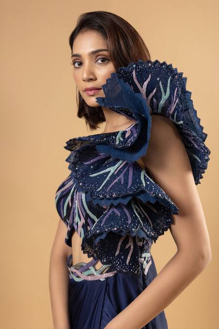 Raj Arora Blue Armani Satin Embroidered Cutdana One Shoulder Angeline Draped Dress Online at Aza Fashions Raj Arora_Blue Armani Satin Embroidered Cutdana One Shoulder Angeline Draped Dress _Online_at_Aza_Fashions