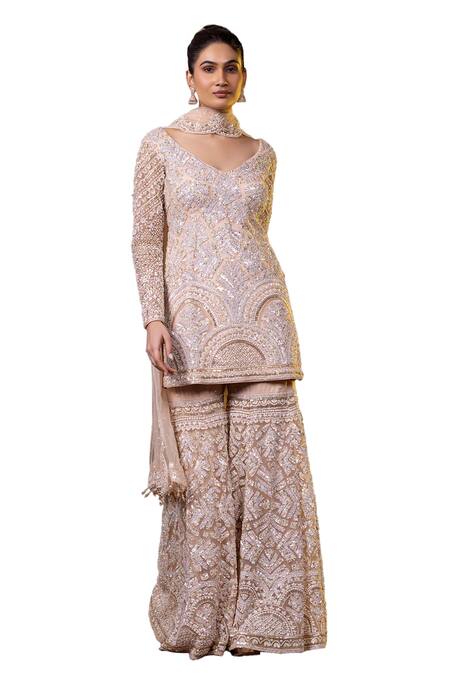 Buy_Raj Arora_Cream Net Sequins, Zari, Cut Work V-neck Embroidered Short Kurta Gharara Set _Online_at_Aza_Fashions