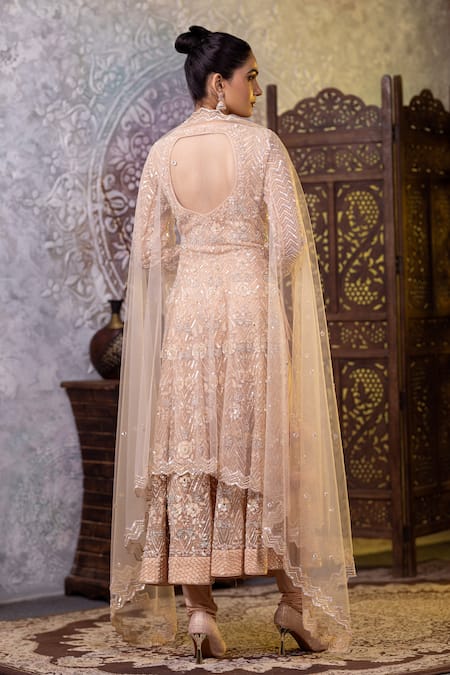 Shop Raj Arora Cream Net Cut Work, Sequins V-neck Embroidered Anarkali Churidar Set at Aza Fashions Shop_Raj Arora_Cream Net Cut Work, Sequins V-neck Embroidered Anarkali Churidar Set _at_Aza_Fashions
