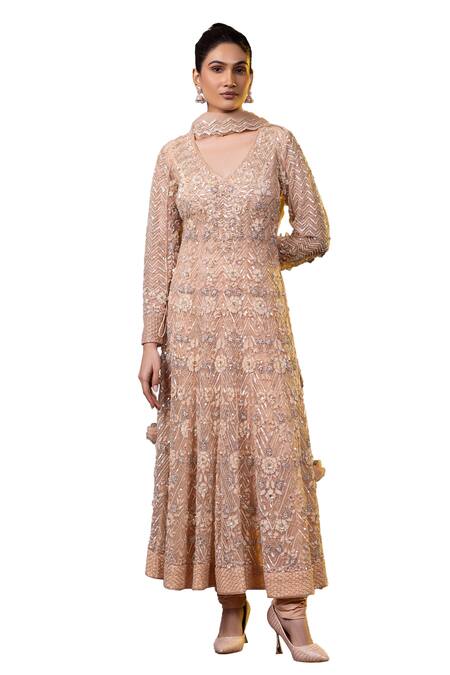 Raj Arora Cream Net Cut Work, Sequins V-neck Embroidered Anarkali Churidar Set Online at Aza Fashions Raj Arora_Cream Net Cut Work, Sequins V-neck Embroidered Anarkali Churidar Set _Online_at_Aza_Fashions