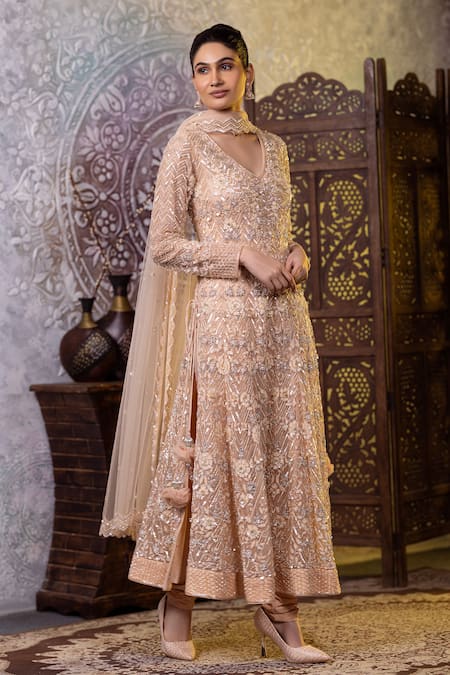 Buy Raj Arora Cream Net Cut Work, Sequins V-neck Embroidered Anarkali Churidar Set Online at Aza Fashions Buy_Raj Arora_Cream Net Cut Work, Sequins V-neck Embroidered Anarkali Churidar Set _Online_at_Aza_Fashions