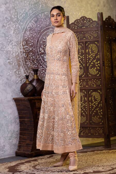 Shop Raj Arora Cream Net Cut Work, Sequins V-neck Embroidered Anarkali Churidar Set Online at Aza Fashions Shop_Raj Arora_Cream Net Cut Work, Sequins V-neck Embroidered Anarkali Churidar Set _Online_at_Aza_Fashions