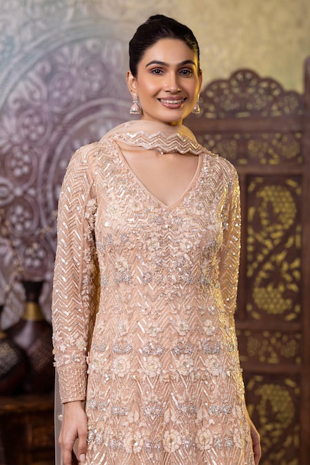 Raj Arora Cream Net Cut Work, Sequins V-neck Embroidered Anarkali Churidar Set at Aza Fashions Raj Arora_Cream Net Cut Work, Sequins V-neck Embroidered Anarkali Churidar Set _at_Aza_Fashions