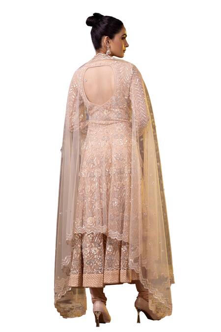 Buy Raj Arora Cream Net Cut Work, Sequins V-neck Embroidered Anarkali Churidar Set Buy_Raj Arora_Cream Net Cut Work, Sequins V-neck Embroidered Anarkali Churidar Set