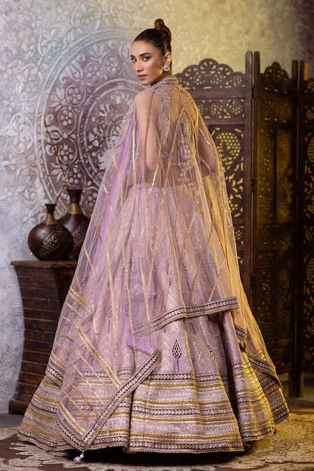 Shop Raj Arora Purple Silk Gota Patti, Zari, Embroidery, Sequins Sweetheart Blouse Lehenga Set at Aza Fashions Shop_Raj Arora_Purple Silk Gota Patti, Zari, Embroidery, Sequins Sweetheart Blouse Lehenga Set _at_Aza_Fashions