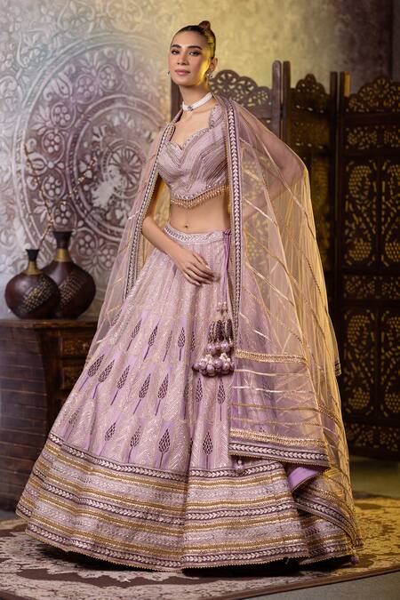 Shop Raj Arora Purple Silk Gota Patti, Zari, Embroidery, Sequins Sweetheart Blouse Lehenga Set Online at Aza Fashions Shop_Raj Arora_Purple Silk Gota Patti, Zari, Embroidery, Sequins Sweetheart Blouse Lehenga Set _Online_at_Aza_Fashions