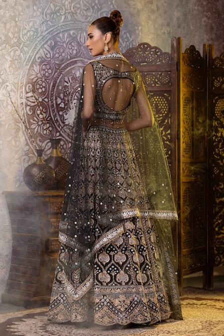 Shop_Raj Arora_Green Net, Crepe Sequins, Pearls, Aari And Dori Embroidered Blouse Lehenga Set _at_Aza_Fashions