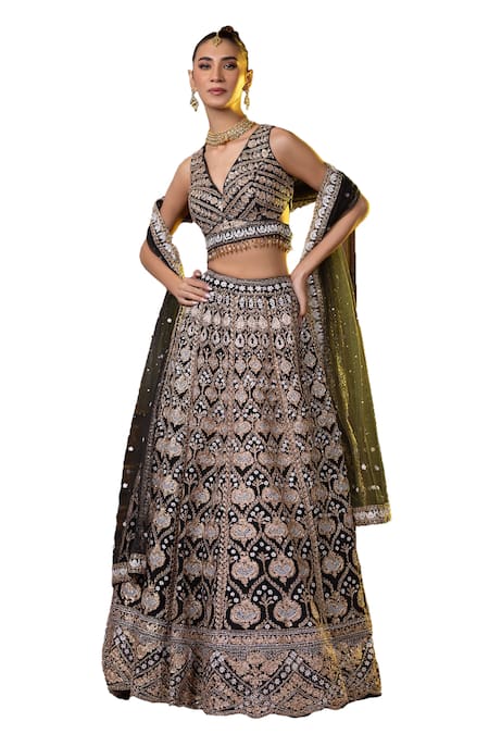Raj Arora_Green Net, Crepe Sequins, Pearls, Aari And Dori Embroidered Blouse Lehenga Set _Online_at_Aza_Fashions