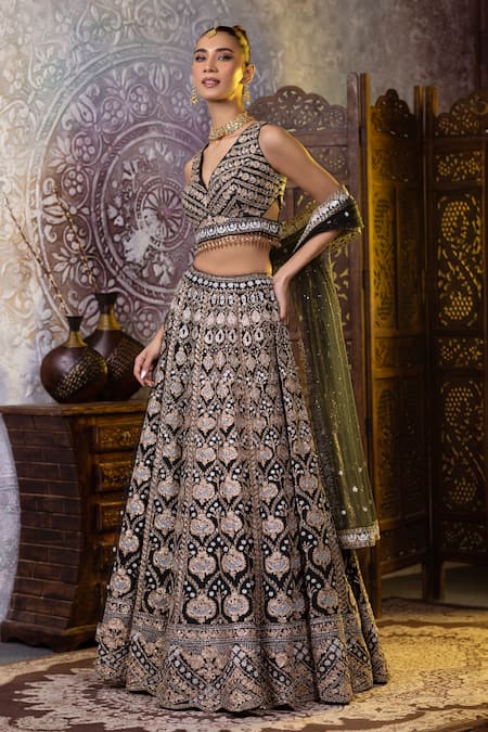 Shop_Raj Arora_Green Net, Crepe Sequins, Pearls, Aari And Dori Embroidered Blouse Lehenga Set _Online_at_Aza_Fashions