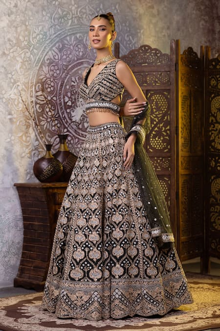 Raj Arora_Green Net, Crepe Sequins, Pearls, Aari And Dori Embroidered Blouse Lehenga Set _at_Aza_Fashions