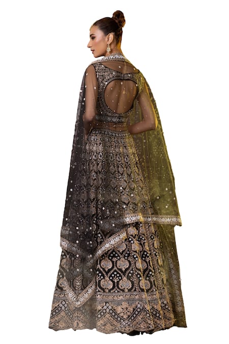 Shop_Raj Arora_Green Net, Crepe Sequins, Pearls, Aari And Dori Embroidered Blouse Lehenga Set 