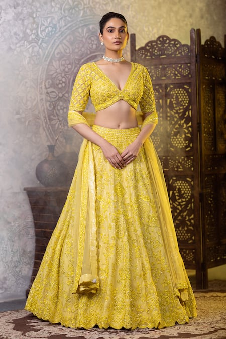 RAJ ARORA Yellow Net Embroidered Resham V Neck And Sequins Blouse Lehenga Set 