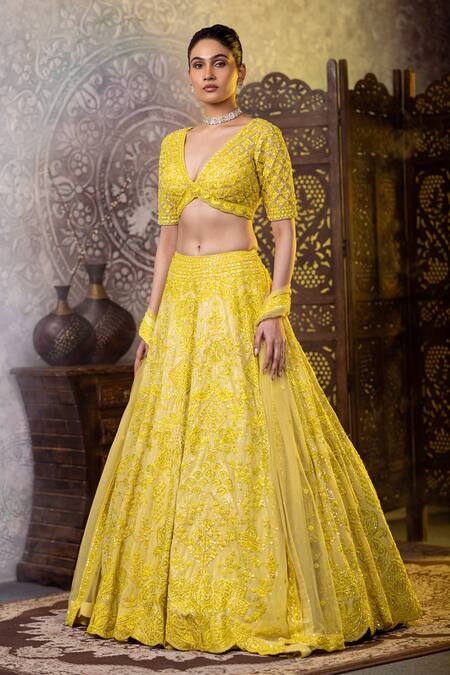 Shop Raj Arora Yellow Net, Georgette Sequins, Resham And Embroidered Blouse Lehenga Set Online at Aza Fashions Shop_Raj Arora_Yellow Net, Georgette Sequins, Resham And Embroidered Blouse Lehenga Set _Online_at_Aza_Fashions