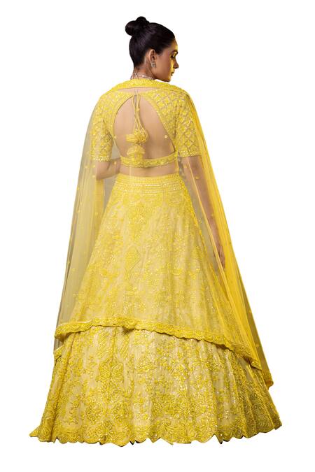 Buy Raj Arora Yellow Net, Georgette Sequins, Resham And Embroidered Blouse Lehenga Set Buy_Raj Arora_Yellow Net, Georgette Sequins, Resham And Embroidered Blouse Lehenga Set