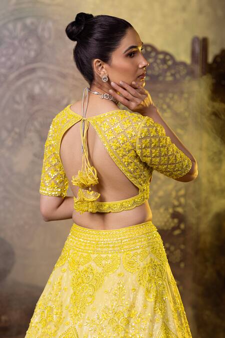 Shop Raj Arora Yellow Net, Georgette Sequins, Resham And Embroidered Blouse Lehenga Set Shop_Raj Arora_Yellow Net, Georgette Sequins, Resham And Embroidered Blouse Lehenga Set