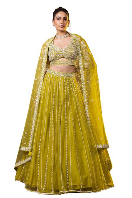 Raj Arora_Green Net Sequins, Zari Asymmetric And Zarkan Embroidered Blouse Lehenga Set _Online_at_Aza_Fashions