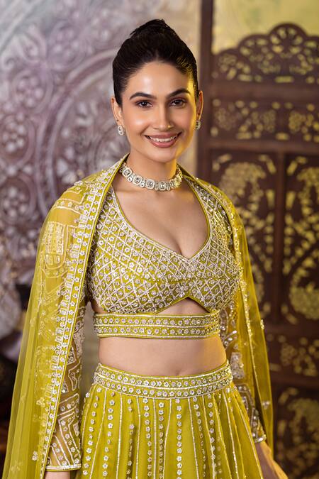 Buy_Raj Arora_Green Net Sequins, Zari Asymmetric And Zarkan Embroidered Blouse Lehenga Set _Online_at_Aza_Fashions
