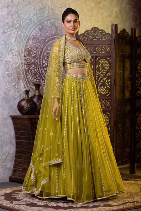 Shop_Raj Arora_Green Net Sequins, Zari Asymmetric And Zarkan Embroidered Blouse Lehenga Set _Online_at_Aza_Fashions