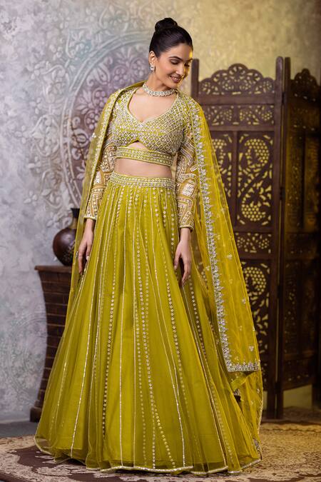 Raj Arora_Green Net Sequins, Zari Asymmetric And Zarkan Embroidered Blouse Lehenga Set _at_Aza_Fashions