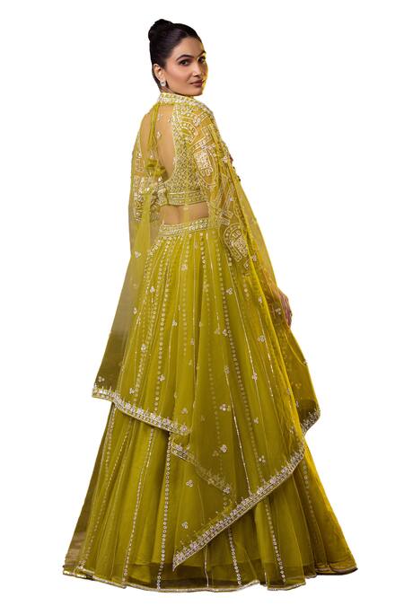 Buy_Raj Arora_Green Net Sequins, Zari Asymmetric And Zarkan Embroidered Blouse Lehenga Set 
