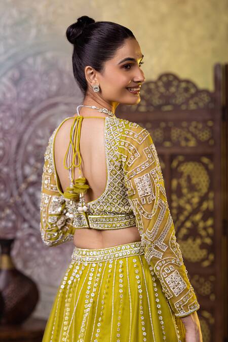 Shop_Raj Arora_Green Net Sequins, Zari Asymmetric And Zarkan Embroidered Blouse Lehenga Set 