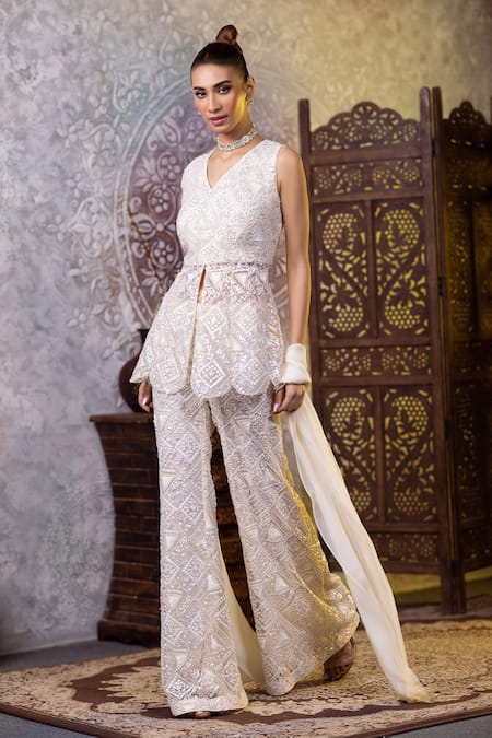 Buy_Raj Arora_Ivory Net Sequins V-neck Embroidered Peplum Top Bell Bottom Pant Set _Online_at_Aza_Fashions