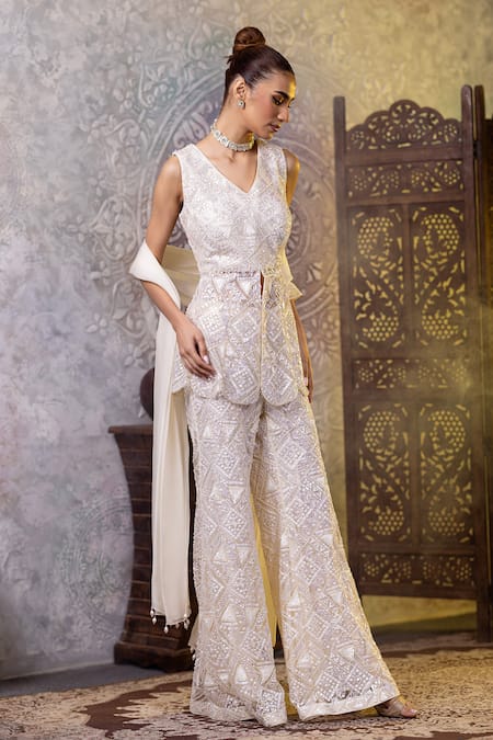 Shop_Raj Arora_Ivory Net Sequins V-neck Embroidered Peplum Top Bell Bottom Pant Set _Online_at_Aza_Fashions