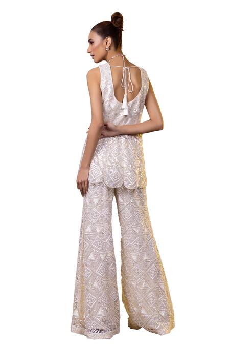 Buy_Raj Arora_Ivory Net Sequins V-neck Embroidered Peplum Top Bell Bottom Pant Set 