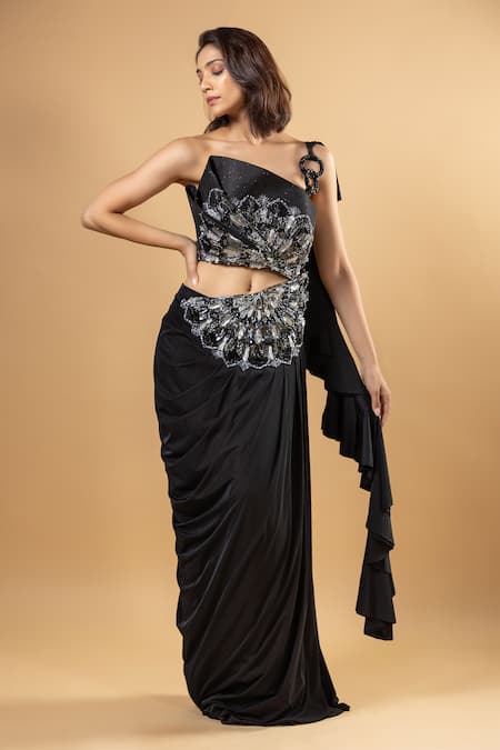Raj Arora Kiara Embroidered One-Shoulder Draped Saree Gown 