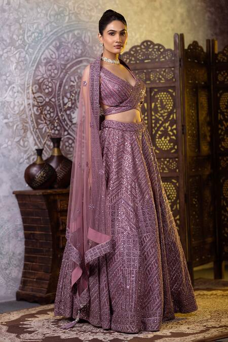 Buy_Raj Arora_Purple Net Mirrors, Zari, Embroidery Asymmetric And Dori Blouse Lehenga Set _Online_at_Aza_Fashions
