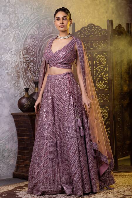 Raj Arora_Purple Net Mirrors, Zari, Embroidery Asymmetric And Dori Blouse Lehenga Set _at_Aza_Fashions