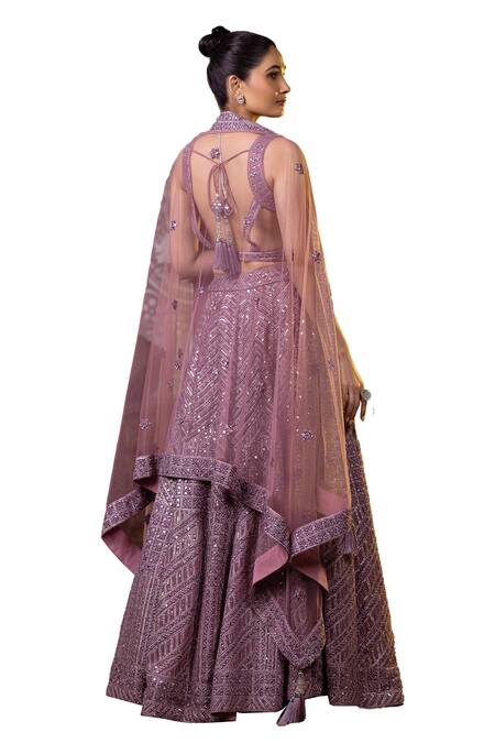 Buy_Raj Arora_Purple Net Mirrors, Zari, Embroidery Asymmetric And Dori Blouse Lehenga Set 