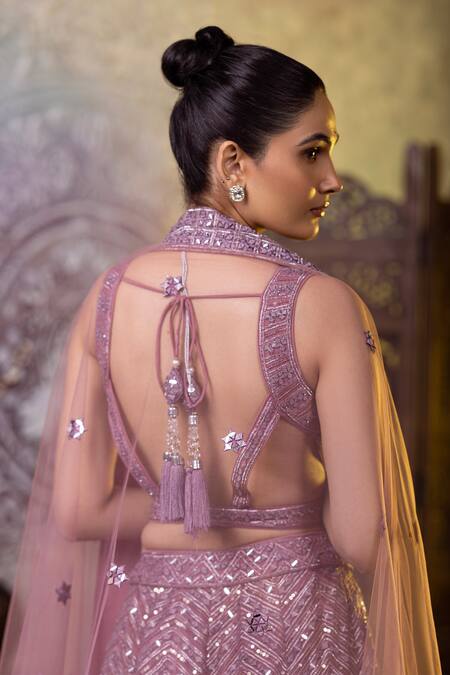 Shop_Raj Arora_Purple Net Mirrors, Zari, Embroidery Asymmetric And Dori Blouse Lehenga Set 